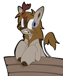 Size: 1620x1977 | Tagged: safe, artist:beetlebonez, imported from derpibooru, oc, oc only, oc:raspberry spark, kirin, bench, blue eyes, brown coat, brown mane, cloven hooves, gritted teeth, kirin oc, looking away, male, nervous, simple background, solo, sweat, sweating profusely, teeth, transparent background