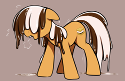 Size: 1000x650 | Tagged: safe, artist:thebatfang, imported from derpibooru, oc, oc only, oc:s'mare, earth pony, food pony, original species, pony, brown background, dripping, female, food, freckles, mare, melting, motion lines, panting, ponified, simple background, solo