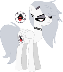 Size: 391x449 | Tagged: safe, imported from derpibooru, demon, demon pony, pegasus, pony, choker, disguise, disguised demon, disguised hellhound, gray mane, helluva boss, loona (helluva boss), pentagram, ponified, red eyes, simple background, solo, transparent background, white coat