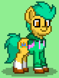 Size: 492x648 | Tagged: safe, imported from derpibooru, hitch trailblazer, earth pony, pony, pony town, clothes, g5, green background, hoodie, male, simple background, solo, stallion