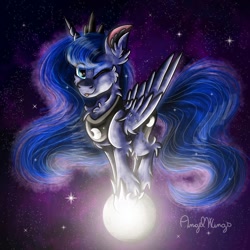 Size: 1024x1024 | Tagged: safe, artist:angelwingsmlpfim, imported from derpibooru, princess luna, pony, unicorn, :p, female, mare, moon, one eye closed, signature, solo, space, tangible heavenly object, tongue out, wink