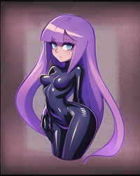Size: 512x640 | Tagged: safe, anonymous artist, derpibooru exclusive, imported from derpibooru, maud pie, human, alternate hairstyle, eye clipping through hair, eyebrows, eyebrows visible through hair, female, humanized, latex, latex suit, long hair, looking at you, simple background, solo