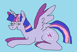 Size: 1296x886 | Tagged: safe, artist:msponies, imported from derpibooru, twilight sparkle, alicorn, pony, blue background, cyan background, female, lying down, mare, ms paint, open mouth, open smile, prone, simple background, smiling, solo, spread wings, tail, twilight sparkle (alicorn), wings