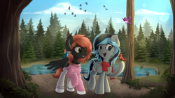 Size: 5120x2880 | Tagged: safe, artist:av-4, artist:avastin4, imported from derpibooru, oc, oc only, oc:joanna, oc:luny, bird, pegasus, pony, clothes, duo, flower, flower in mouth, forest, lake, mouth hold, open mouth, open smile, pants, scarf, scenery, smiling, sweater, water