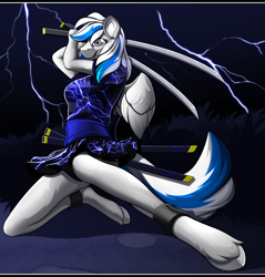Size: 2926x3060 | Tagged: safe, artist:tales foxdale, imported from derpibooru, oc, oc:lady lightning strike, anthro, pegasus, commission, cuffs, lightning, solo, sword, weapon, ych result