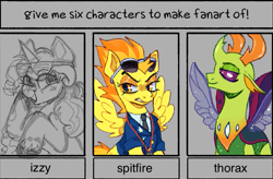 Size: 749x491 | Tagged: safe, artist:beetlebonez, derpibooru exclusive, imported from derpibooru, izzy moonbow, spitfire, thorax, changeling, pegasus, pony, unicorn, six fanarts, angry, art meme, bust, clothes, g5, insect wings, looking at you, looking up, my little pony: a new generation, necktie, scowl, simple background, sketch, smiling, smiling at you, spread wings, uniform, wings, wip, wonderbolts dress uniform