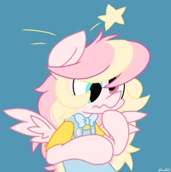 Size: 2039x2048 | Tagged: safe, artist:derpyalex2, imported from derpibooru, oc, oc only, oc:ninny, pegasus, pony, semi-anthro, bow, clothes, cute, doink, female, mare, overalls, scrunchy face, solo, stars