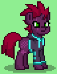 Size: 516x672 | Tagged: safe, imported from derpibooru, tempest shadow, pony, unicorn, pony town, clothes, green background, hoodie, simple background, solo