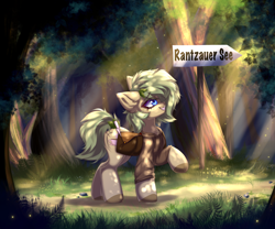 Size: 3000x2500 | Tagged: safe, artist:mysha, imported from derpibooru, oc, oc only, oc:nettle vienna, earth pony, pony, bag, clothes, crepuscular rays, earth pony oc, female, forest, jacket, mare, sign, solo