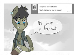 Size: 1280x913 | Tagged: safe, artist:thevixvix, imported from derpibooru, oc, oc only, oc:cassio, pegasus, pony, ask, bandage, bracelet, jewelry, male, necklace, solo, stallion, tumblr