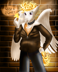 Size: 2000x2500 | Tagged: safe, artist:sixes&sevens, imported from derpibooru, princess celestia, alicorn, anthro, alternate hairstyle, alternative cutie mark placement, brick wall, clothes, collar, female, fiery mane, fire, jacket, leather, leather jacket, solo