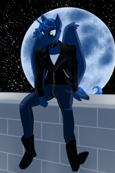 Size: 1600x2400 | Tagged: safe, artist:sixes&sevens, imported from derpibooru, princess luna, alicorn, anthro, alternate hairstyle, brick wall, clothes, collar, female, jacket, leather, leather jacket, moon, night, short mane, sitting, solo, stars