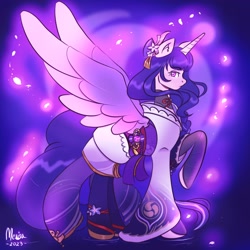 Size: 2048x2048 | Tagged: safe, artist:merisa, imported from derpibooru, alicorn, pony, abstract background, clothes, genshin impact, ponified, raiden shogun (genshin impact), raised hoof, simple background, socks, solo, stockings, thigh highs