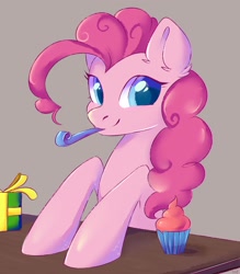 Size: 2800x3200 | Tagged: safe, artist:ske, imported from derpibooru, pinkie pie, earth pony, pony, cupcake, food, looking at you, party horn, present, smiling, solo