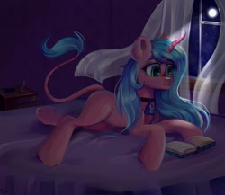 Size: 3000x2600 | Tagged: safe, artist:ske, imported from derpibooru, oc, oc only, pony, unicorn, bed, book, choker, curved horn, horn, leonine tail, lying down, moonlight, prone, smiling, solo, tail