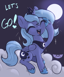 Size: 2500x3000 | Tagged: safe, artist:t72b, imported from derpibooru, princess luna, alicorn, pony, april fools, april fools 2023, cloud, cute, eyes closed, female, jewelry, lunabetes, mare, moon, new lunar republic, on a cloud, regalia, s1 luna, salute, sitting, sitting on a cloud, solo, sparkles