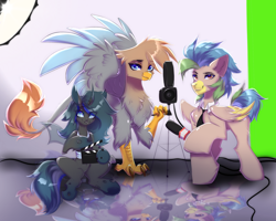 Size: 2500x2000 | Tagged: safe, artist:mysha, imported from derpibooru, oc, oc only, oc:dusktalon, oc:globe trotter (bastler), oc:lilo (bastler), changeling, griffon, pegasus, pony, cable, camera, changeling oc, female, griffon oc, male, microphone, pegasus oc, stallion