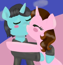 Size: 1990x2048 | Tagged: safe, artist:wrath-marionphauna, imported from derpibooru, oc, oc only, oc:color breezie, oc:mysterious science, pony, unicorn, blushing, clothes, hug, kiss on the lips, kissing, necktie