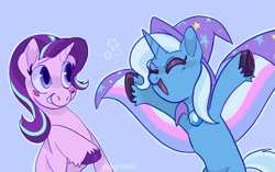 Size: 2123x1337 | Tagged: safe, artist:beetlebonez, derpibooru exclusive, imported from derpibooru, starlight glimmer, trixie, pony, unicorn, bisexual pride flag, blushing, cape, clothes, duo, duo female, eyes closed, face paint, female, happy, hat, implied lesbian, implied shipping, implied startrix, open mouth, open smile, pride, pride flag, simple background, smiling, stars, trans trixie, transgender, transgender pride flag, trixie's cape, trixie's hat, underhoof, unshorn fetlocks