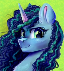 Size: 1800x2000 | Tagged: safe, artist:ske, imported from derpibooru, pony, unicorn, abstract background, bust, butterfly background, female, freckles, g5, looking at you, mare, misty brightdawn, smiling, smirk, solo