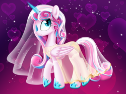 Size: 5464x4096 | Tagged: safe, artist:lunavirgin64, imported from derpibooru, princess flurry heart, alicorn, pony, abstract background, clothes, dress, eyelashes, female, heart, heart eyes, hoof shoes, mare, older, older flurry heart, see-through, solo, wedding veil, wingding eyes