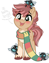 Size: 1195x1549 | Tagged: safe, artist:emberslament, derpibooru exclusive, imported from derpibooru, oc, oc:pitch pine, changeling, changeling larva, earth pony, pony, blushing, clothes, scarf, simple background, striped scarf, text, transparent background