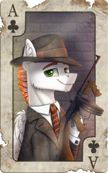 Size: 1054x1679 | Tagged: safe, artist:helmie-art, imported from derpibooru, oc, oc:swift apex, pegasus, pony, ace of clubs, clothes, fedora, gun, hat, playing card, solo, submachinegun, suit, tommy gun, weapon