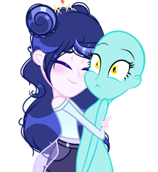 Size: 2952x3220 | Tagged: safe, artist:harmonyvitality-yt, imported from derpibooru, oc, oc only, human, equestria girls, bald, base used, clothes, duo, eyelashes, hug, offspring, parent:flash sentry, parent:twilight sparkle, parents:flashlight, simple background, transparent background