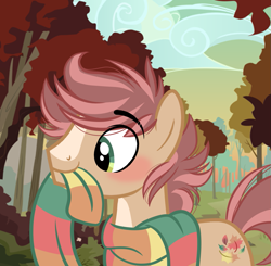 Size: 1071x1048 | Tagged: safe, artist:emberslament, imported from derpibooru, oc, oc only, oc:pitch pine, changeling, earth pony, pony, clothes, detailed background, eyebrows, eyebrows visible through hair, male, scarf, solo, stallion, striped scarf