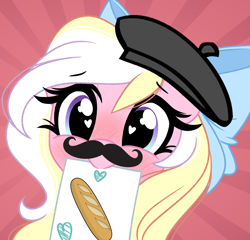 Size: 2434x2341 | Tagged: safe, artist:emberslament, derpibooru exclusive, imported from derpibooru, oc, oc only, oc:bay breeze, pony, baguette, beret, blushing, bow, bread, cute, facial hair, female, food, hair bow, hat, heart, heart eyes, looking at you, mare, moustache, wingding eyes