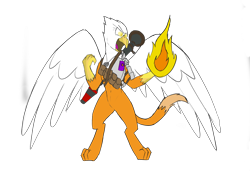 Size: 3278x2306 | Tagged: safe, artist:l.scratch, artist:somber, imported from derpibooru, griffon, fire, griffon magic, magic, rocket launcher, simple background, solo, transparent background, weapon