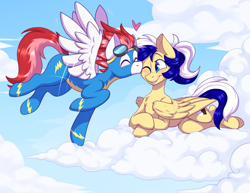 Size: 1367x1056 | Tagged: safe, artist:kinkyspy, imported from derpibooru, oc, oc only, oc:animatedpony, oc:swift apex, pegasus, pony, cheek kiss, clothes, cloud, eyes closed, flying, kissing, lying down, lying on a cloud, on a cloud, solo, uniform, wonderbolts uniform