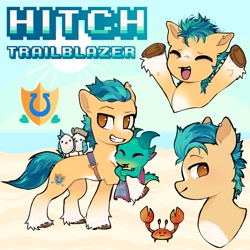 Size: 1280x1280 | Tagged: safe, artist:afrayedfox, imported from derpibooru, hitch trailblazer, bird, crab, dragon, earth pony, pony, seagull, baby, baby dragon, beach, concave belly, critter magnet, cute, ear piercing, g5, hitchbetes, hoof heart, hooves in air, kenneth, male, mcsnips-a-lot, papa hitch, piercing, sash, smiling, sparky sparkeroni, stallion, underhoof, unshorn fetlocks