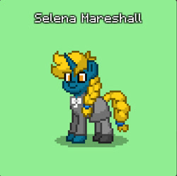 Size: 560x558 | Tagged: safe, imported from derpibooru, oc, oc only, oc:selena mareshall, pony, unicorn, pony town, bowtie, braid, braided tail, clothes, green background, simple background, skirt, tail