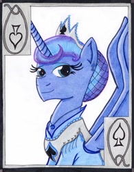 Size: 796x1018 | Tagged: safe, artist:the1king, imported from derpibooru, princess luna, alicorn, pony, clothes, crown, dress, jewelry, playing card, regalia