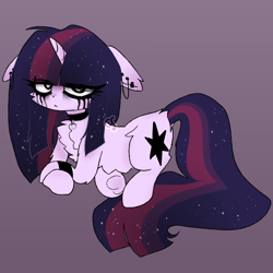 Size: 1800x1800 | Tagged: safe, artist:cutiesparke, imported from derpibooru, twilight sparkle, pony, unicorn, alternate design, alternate hairstyle, bracelet, butt fluff, chest fluff, choker, dock, ear fluff, ear piercing, earring, ethereal mane, female, floppy ears, fluffy, goth, gradient background, gradient mane, jewelry, lightly watermarked, looking at you, mascara, piercing, running mascara, solo, tail, unicorn twilight, watermark