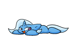 Size: 645x427 | Tagged: safe, artist:zutcha, imported from derpibooru, trixie, pony, unicorn, female, flat fuck friday, floppy ears, looking back, lying down, mare, open mouth, open smile, prone, simple background, smiling, solo, sploot, white background