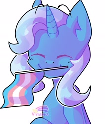 Size: 1628x1912 | Tagged: safe, artist:anwa-gows-uwu, imported from derpibooru, trixie, pony, unicorn, eyes closed, female, floating eyebrows, gender headcanon, mare, mouth hold, pride, pride flag, simple background, smiling, solo, trans trixie, transgender, transgender pride flag, white background