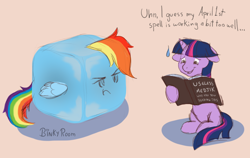 Size: 1000x633 | Tagged: safe, artist:binkyroom, imported from derpibooru, rainbow dash, twilight sparkle, alicorn, pony, april fools, book, colored sketch, ice cube, inanimate tf, magic, rainbow dash is not amused, silly, text, transformation, twilight sparkle (alicorn), unamused