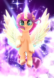 Size: 720x1039 | Tagged: safe, artist:diniarvegafinahar, imported from derpibooru, sunny starscout, alicorn, earth pony, pony, artificial horn, artificial wings, augmented, female, g5, gem, glowing, glowing horn, glowing wings, horn, looking at you, magic, magic horn, magic wings, mare, race swap, solo, stars, sunnycorn, unshorn fetlocks, wings