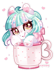 Size: 833x1093 | Tagged: safe, artist:ipun, derpibooru exclusive, imported from derpibooru, oc, oc only, oc:mallowcreme, pony, bow, chibi, cup, cup of pony, cute, female, freckles, hair bow, mare, micro, simple background, solo, teacup, transparent background, underhoof