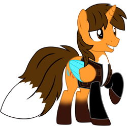 Size: 8063x7951 | Tagged: safe, artist:ejlightning007arts, imported from derpibooru, oc, oc:ej, alicorn, fox, fox pony, hybrid, pony, alicorn oc, clothes, coat markings, colored wings, countershading, horn, jacket, male, raised hoof, simple background, smiling, socks (coat markings), stallion, transparent background, vector, wings