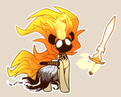 Size: 2228x1786 | Tagged: safe, artist:nekro-led, imported from derpibooru, oc, oc:scorching storm, pony, unicorn, clothes, fiery mane, hand, magic, magic hands, rage, simple background, sword, transformation, weapon, white eyes