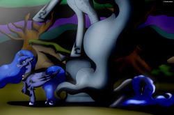 Size: 3470x2296 | Tagged: safe, artist:thebenalpha, imported from derpibooru, nightmare moon, princess luna, luna eclipsed, season 2, alternate universe, crying, ryoku verse, statue, story in the source