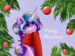 Size: 2048x1536 | Tagged: safe, artist:lazybread, imported from derpibooru, izzy moonbow, pony, unicorn, christmas, clothes, female, g5, gradient background, holiday, mare, ornaments, scarf, solo