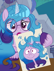 Size: 741x965 | Tagged: safe, artist:diniarvegafinahar, imported from derpibooru, izzy moonbow, pony, unicorn, bracelet, caricature, drawing, female, g4, g5, g5 to g4, generation leap, glasses, holding, implied bullying, jewelry, looking at you, mare, open mouth, solo, unshorn fetlocks