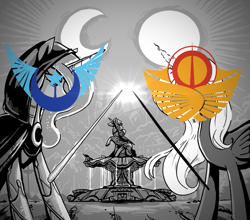 Size: 681x600 | Tagged: safe, artist:jowyb, edit, imported from derpibooru, alicorn, pony, derpibooru, april fools 2023, duel, logo, meme, meta, new lunar republic, solar empire