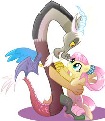 Size: 884x1020 | Tagged: safe, artist:diniarvegafinahar, imported from derpibooru, discord, fluttershy, draconequus, pegasus, pony, the last problem, dancing, discoshy, duo, female, horns, interspecies, lidded eyes, looking at you, male, mare, older, older fluttershy, shipping, simple background, straight, white background, wings