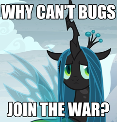 Size: 899x932 | Tagged: safe, edit, edited screencap, editor:dr.picsell dois, imported from derpibooru, screencap, queen chrysalis, changeling, changeling queen, derpibooru, april fools, april fools 2023, caption, image macro, meta, sad, text