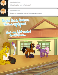 Size: 500x640 | Tagged: safe, artist:foxfaces-world, imported from derpibooru, oc, oc only, oc:boss hoss, oc:full force, oc:pill popper, pony, unicorn, ask, collar, jewelry, male, necklace, nudity, pubic fluff, railroad, sheath, stallion, tumblr